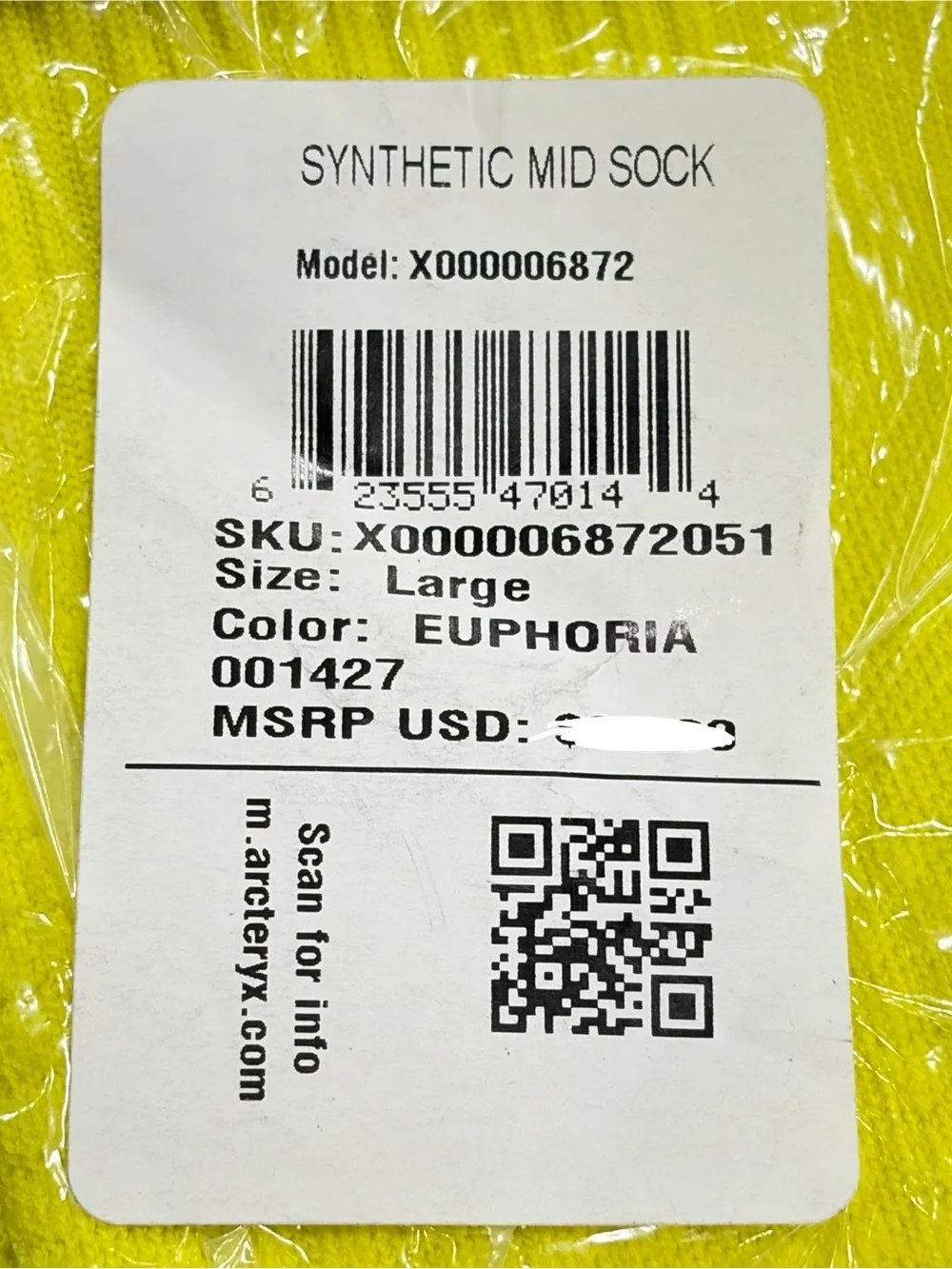 Arc’teryx Men's Large Synthetic Mid Crew Sock Adult Women's Euporia Yellow NWT